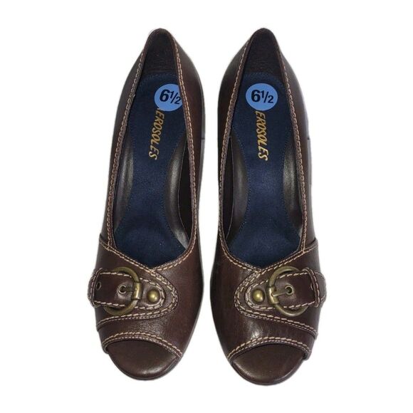New Sz 6.5 Aerosoles Peep Toe Pumps Shoes Brown Buckle Accent - Picture 1 of 7